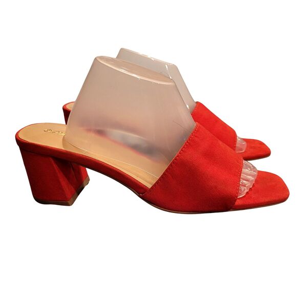 Pizz Annuzi Red Suede Slip-On Sandals 2" Block Heel, Summer Chic Size 8 Open Toe - Picture 3 of 6